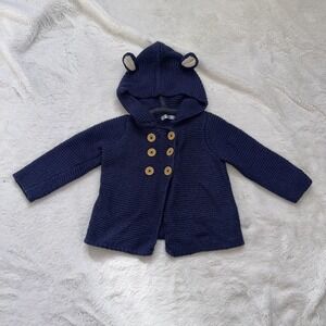 Baby‎ Boden Hooded Cardigan Sweater Navy Blue Knit Bear Ears Buttons 12-18 M